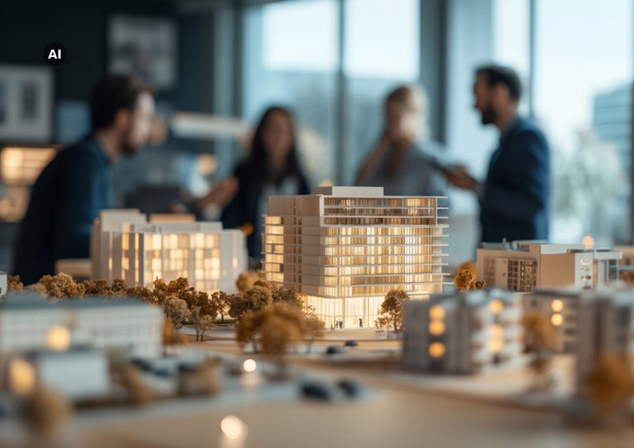 Architekturmodelle mit Gebäuden im Vordergrund, während Personen in der Hintergrunddiscuss über Immobilienstrategien.