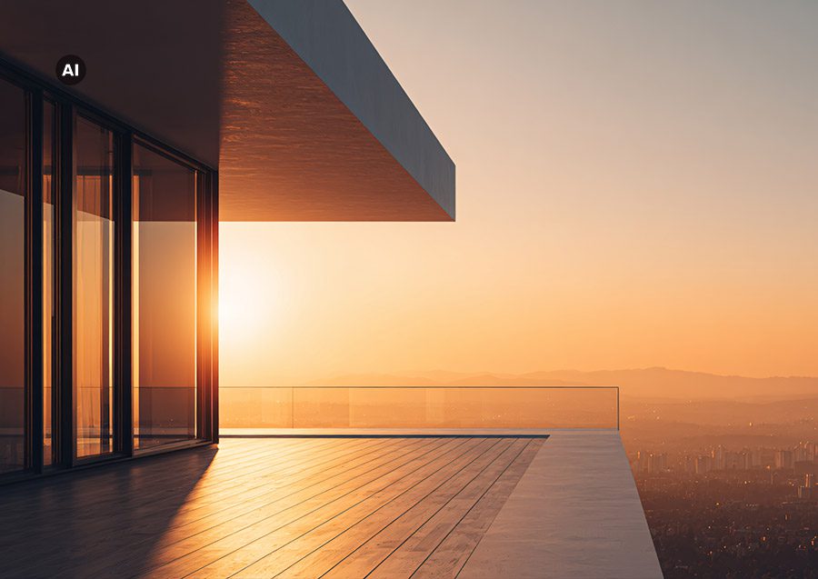 Moderner Balkon mit Blick auf eine Stadt zur goldenen Stunde.
