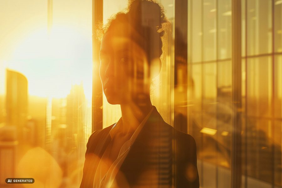 Person steht vor einem Fenster bei Sonnenuntergang, Stadtlandschaft im Hintergrund.