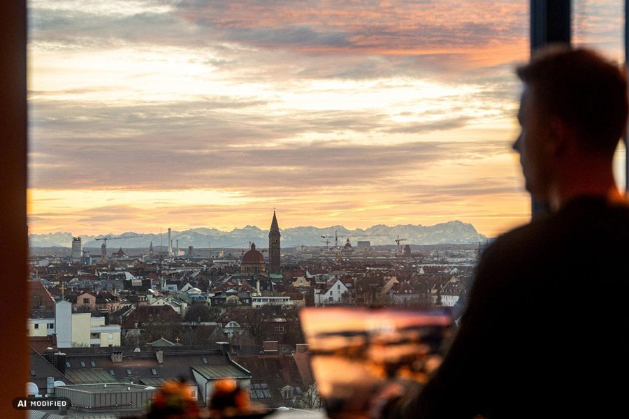 Mann überblickt Stadtlandschaft bei Sonnenuntergang.
