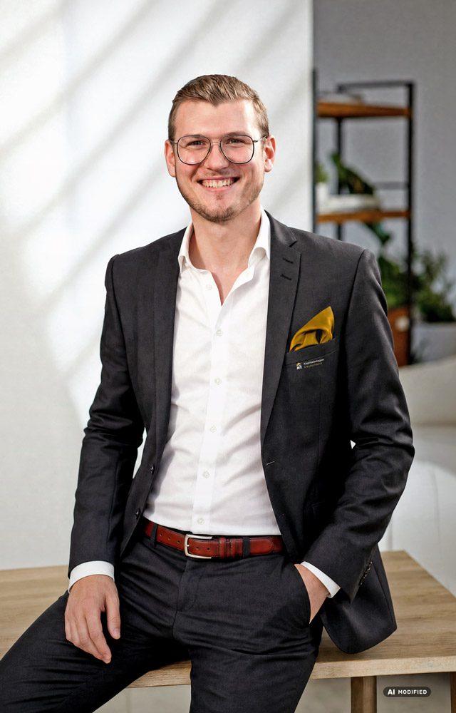 Mann mit Brille in einem Anzug lächelt, steht in einem modernen Büro.