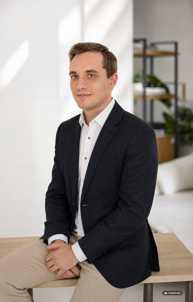 Mann in einem Blazer, sitzend auf einem Tisch in einem hellen Raum.