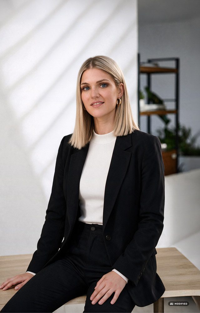 Junge Frau in schwarzem Blazer und weißem Oberteil, sitzend am Tisch.
