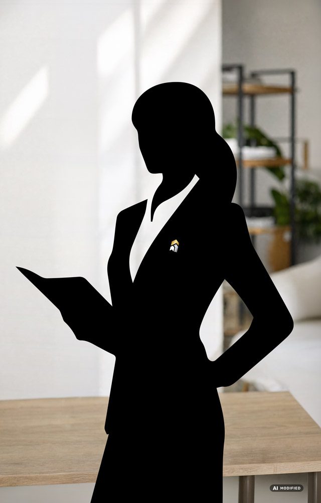 Silhouette einer Frau, die ein Dokument hält, in einem hellen Raum